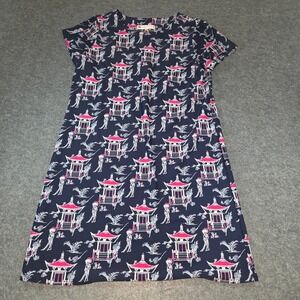 Jude Connally Dress S Navy Pink Pagoda Asian Toile Jude Cloth Shift Stretch